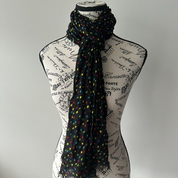 Black Multicolor Polka Dot Crinkle Scarf - Lightweight Fashion Wrap with Fringe - Picture 2 of 3